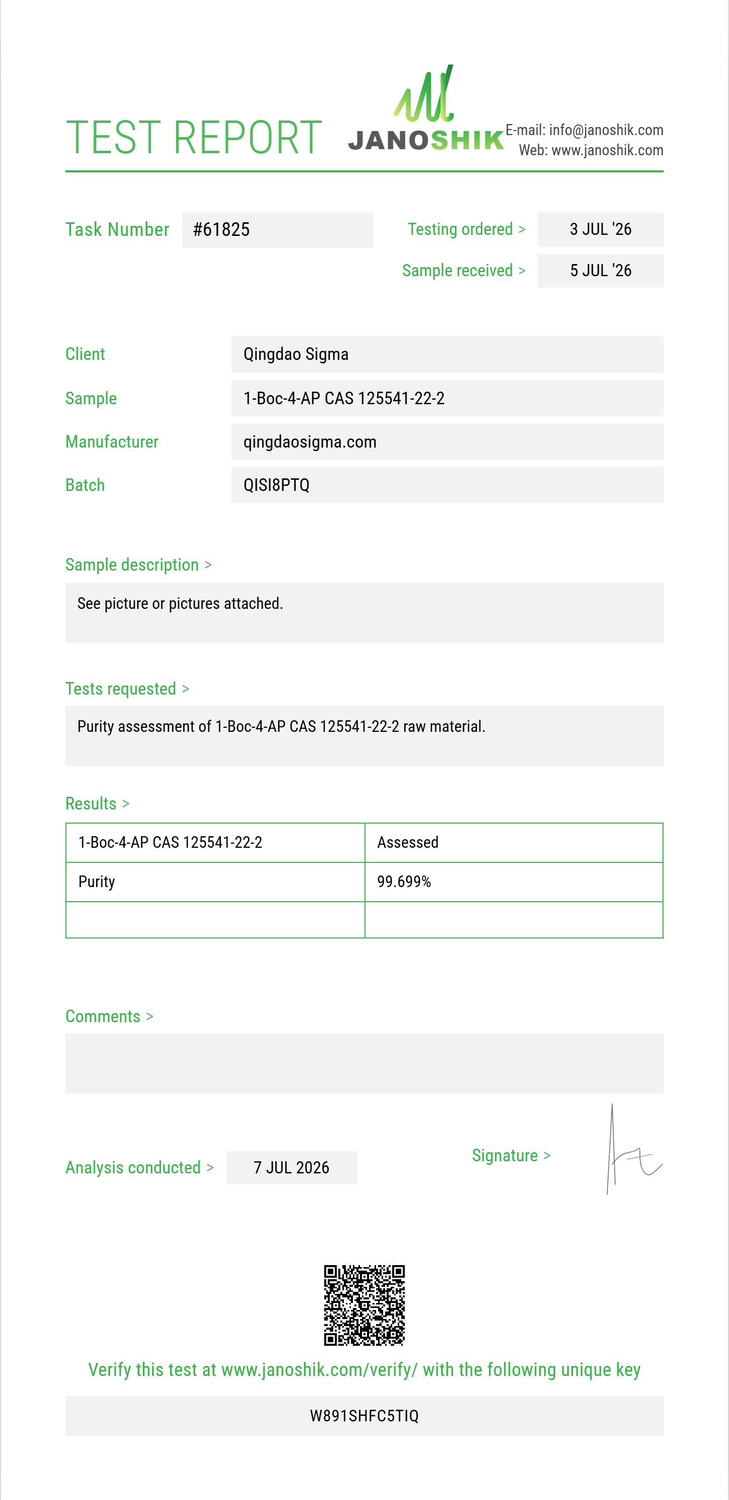 1-Boc-4-AP (tert-butyl 4-(phenylamino)piperidine-1-carboxylate) CAS 125541-22-2 Purity (HPLC) report by Janoshik Analytical