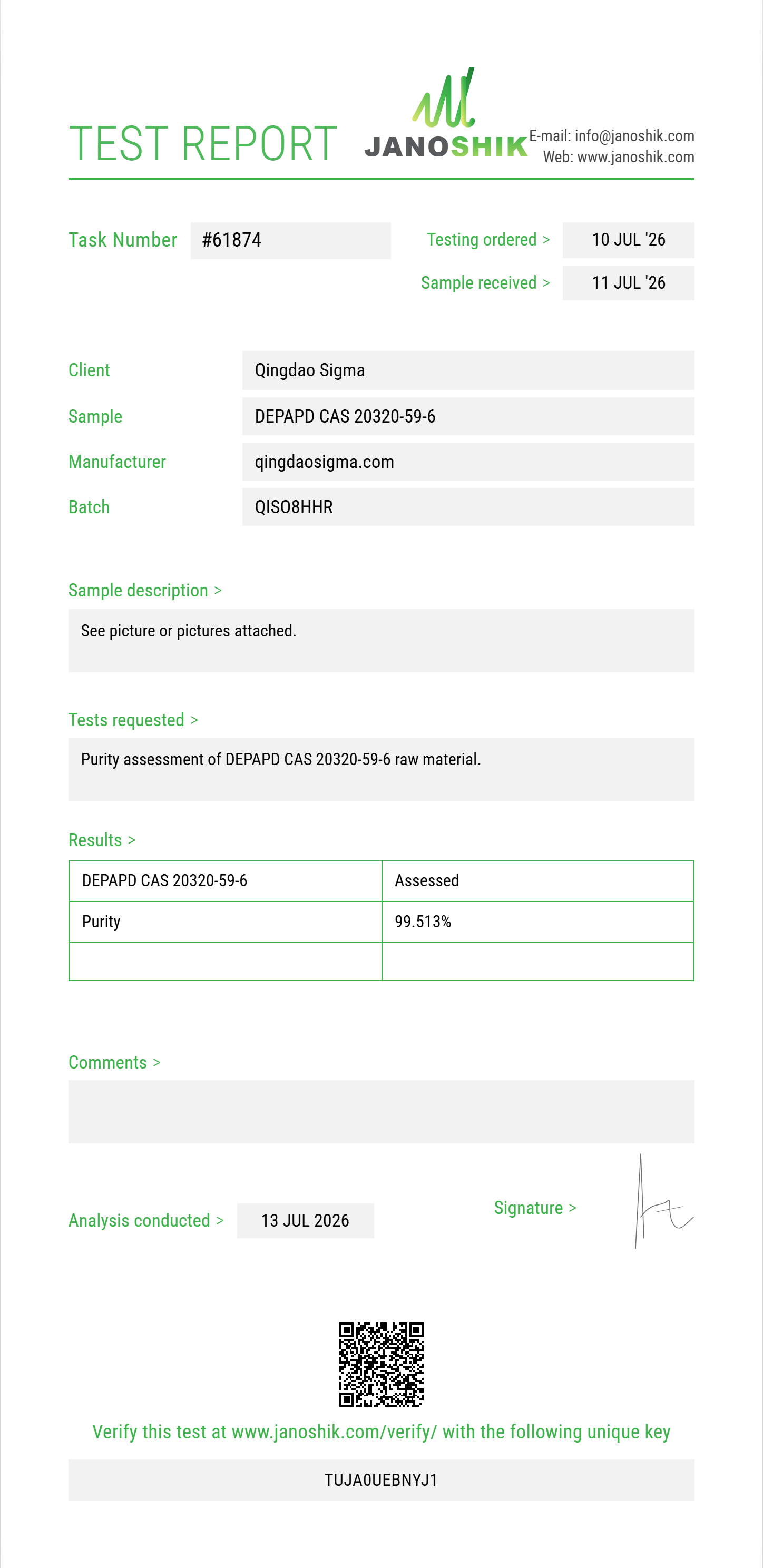 DEPAPD (diethyl phenylacetylpropanedioate) CAS 20320-59-6 Purity (HPLC) report by Janoshik Analytical