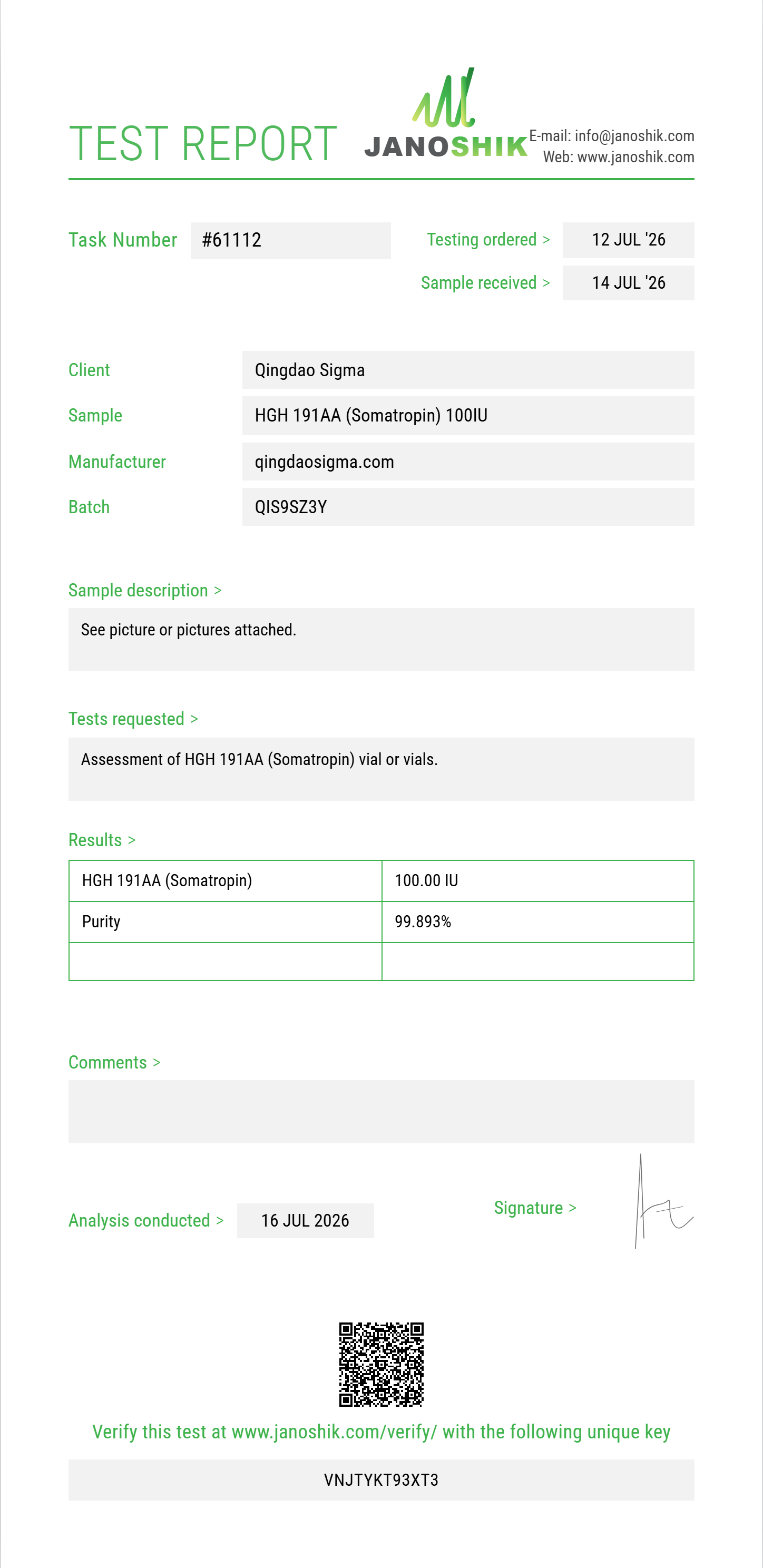 HGH 191AA (Somatropin) Purity (HPLC) report by Janoshik Analytical