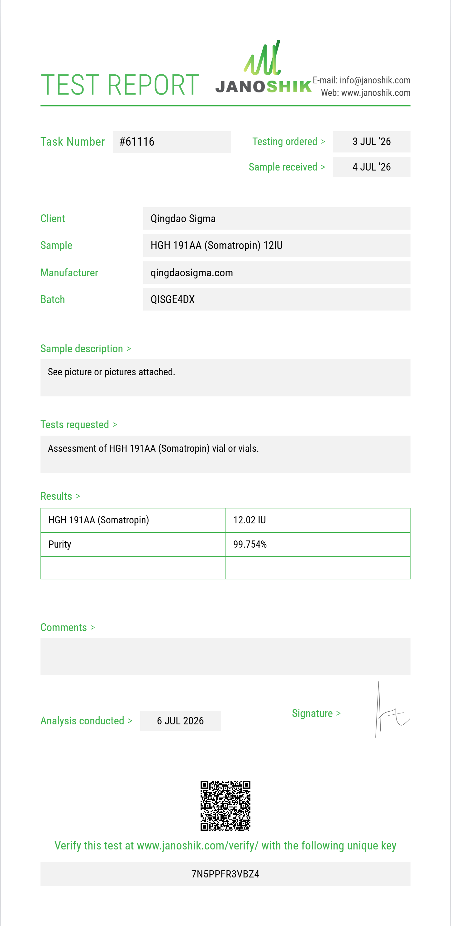 HGH 191AA (Somatropin) Purity (HPLC) report by Janoshik Analytical