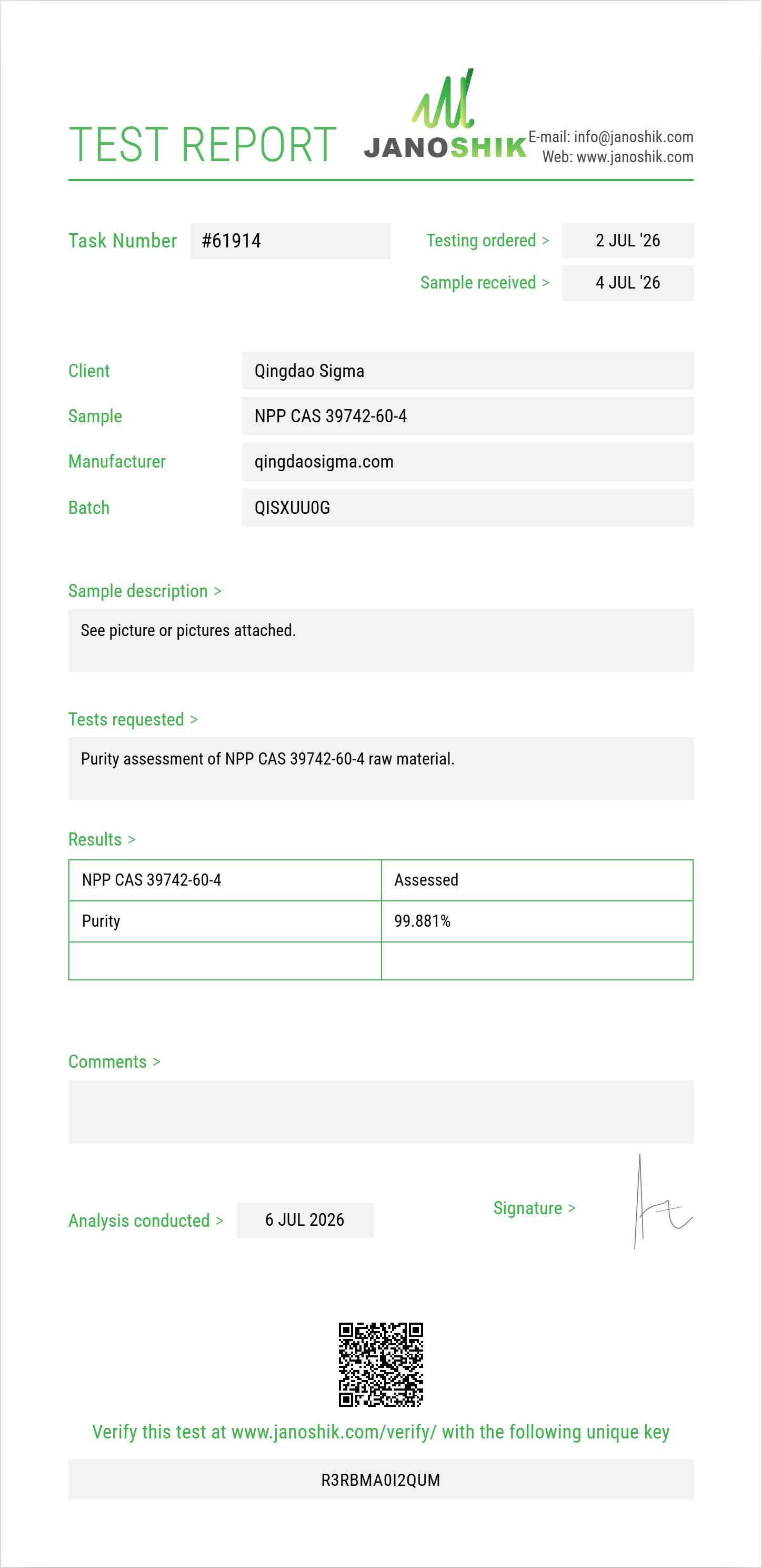 NPP (N-phenethyl-4-piperidone) CAS 39742-60-4 Purity (HPLC) report by Janoshik Analytical