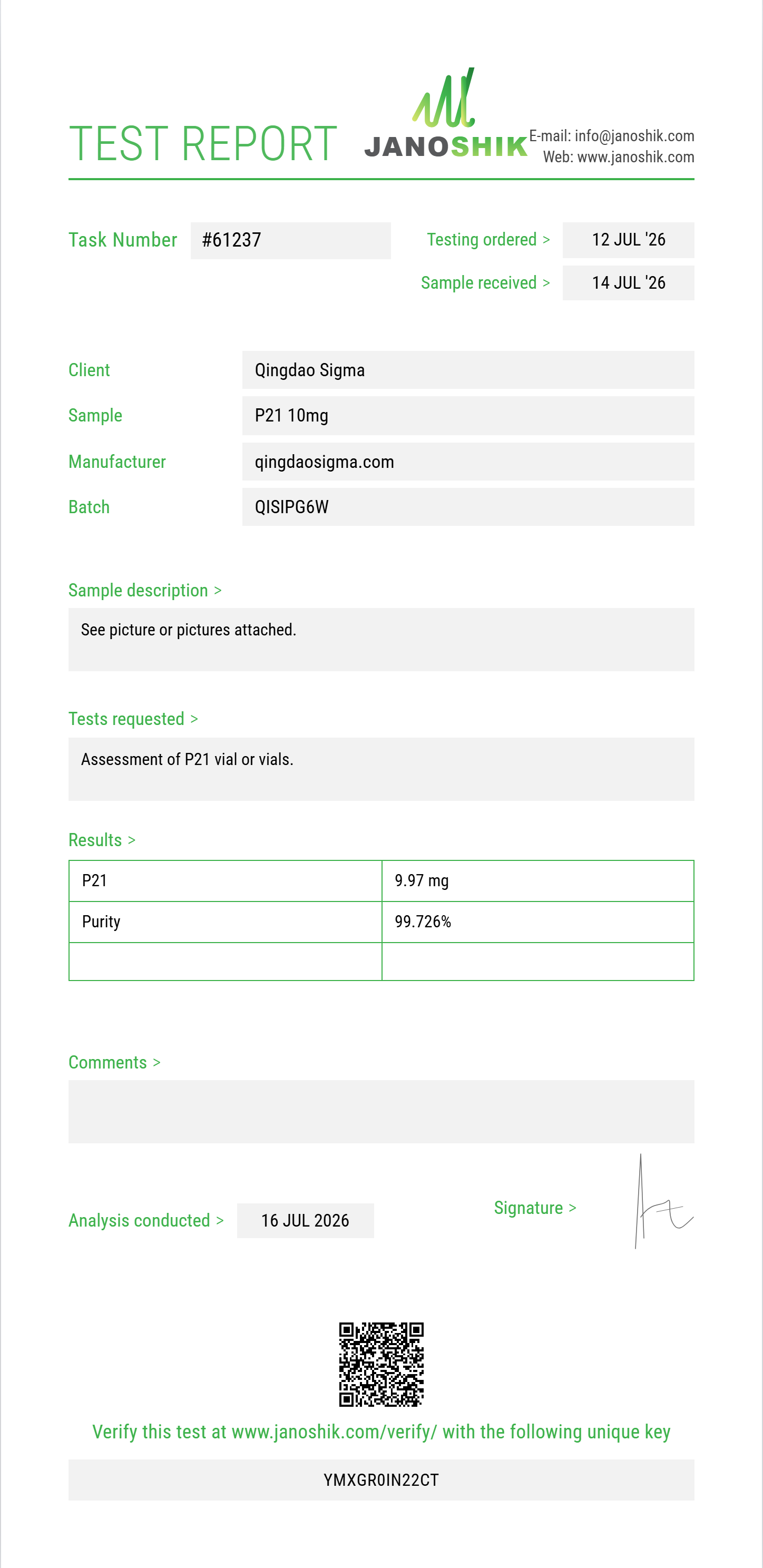 P21 Purity (HPLC) report by Janoshik Analytical
