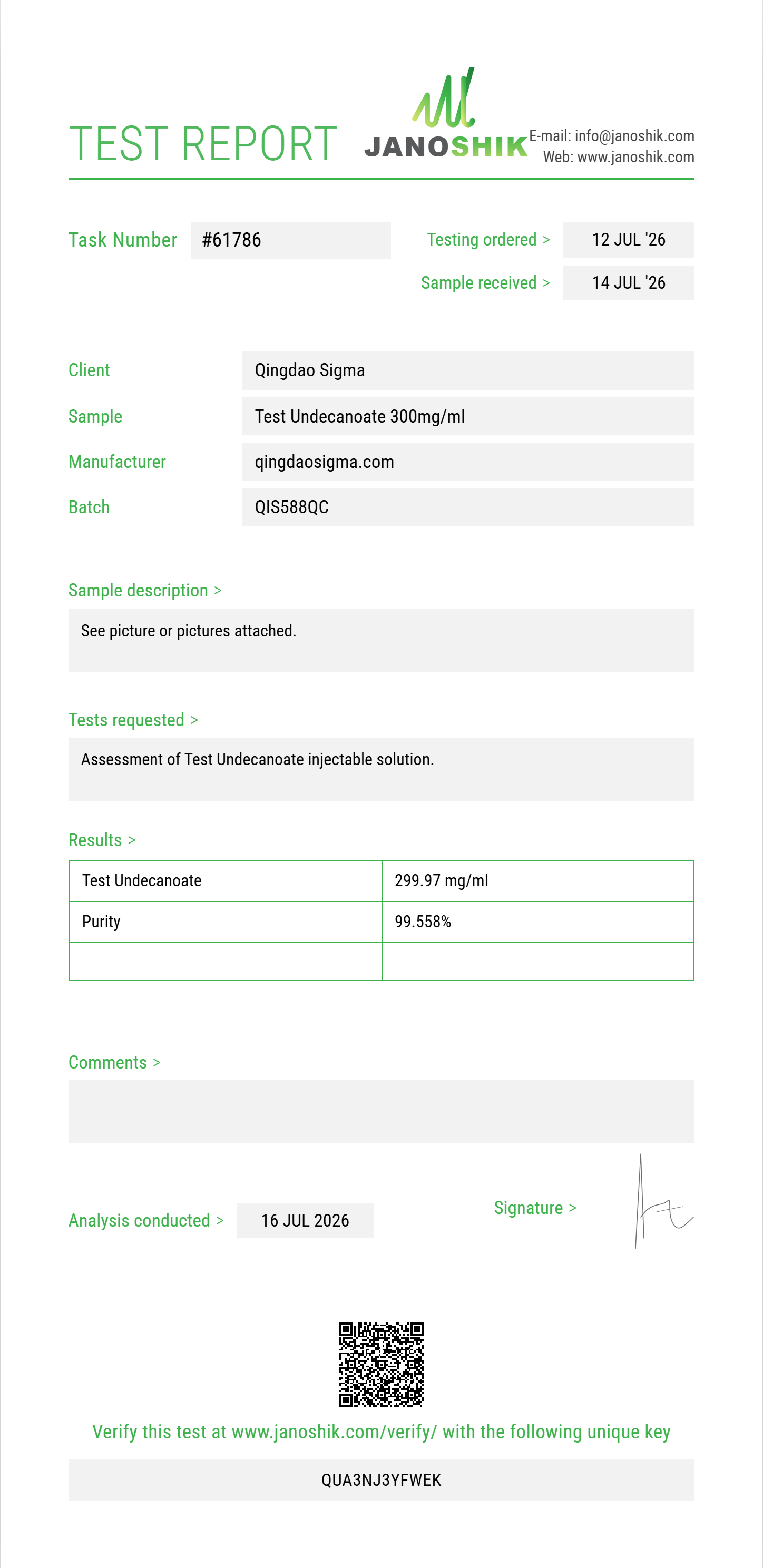 Test Undecanoate Purity (HPLC) report by Janoshik Analytical