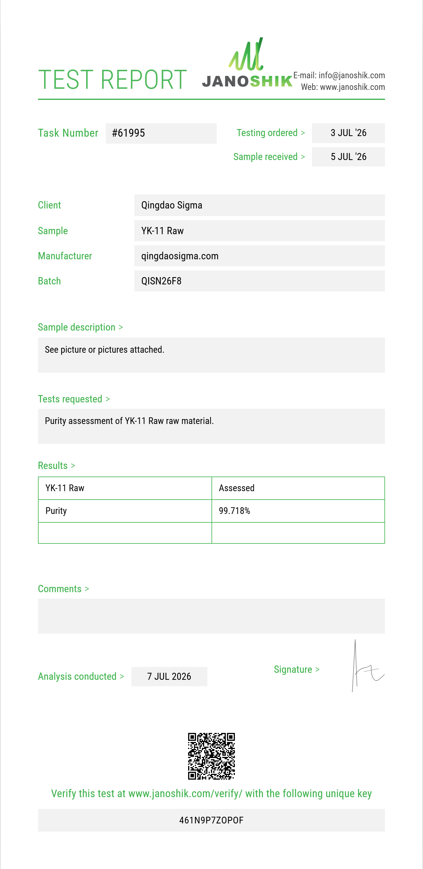 YK-11 Raw Purity (HPLC) report by Janoshik Analytical