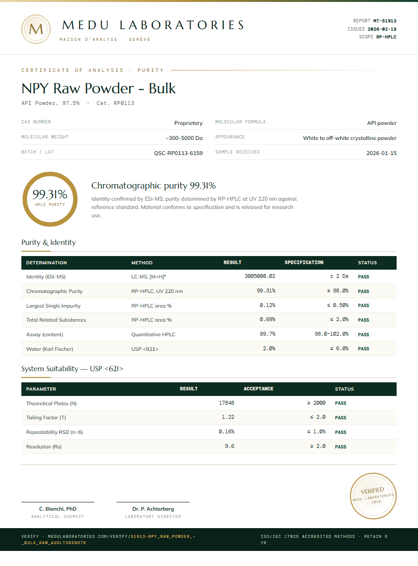 NPY Raw Powder - Bulk Purity (HPLC) report by Medu Laboratories