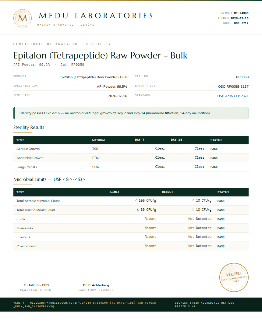 Epitalon (Tetrapeptide) Raw Powder - Bulk Sterility report by Medu Laboratories