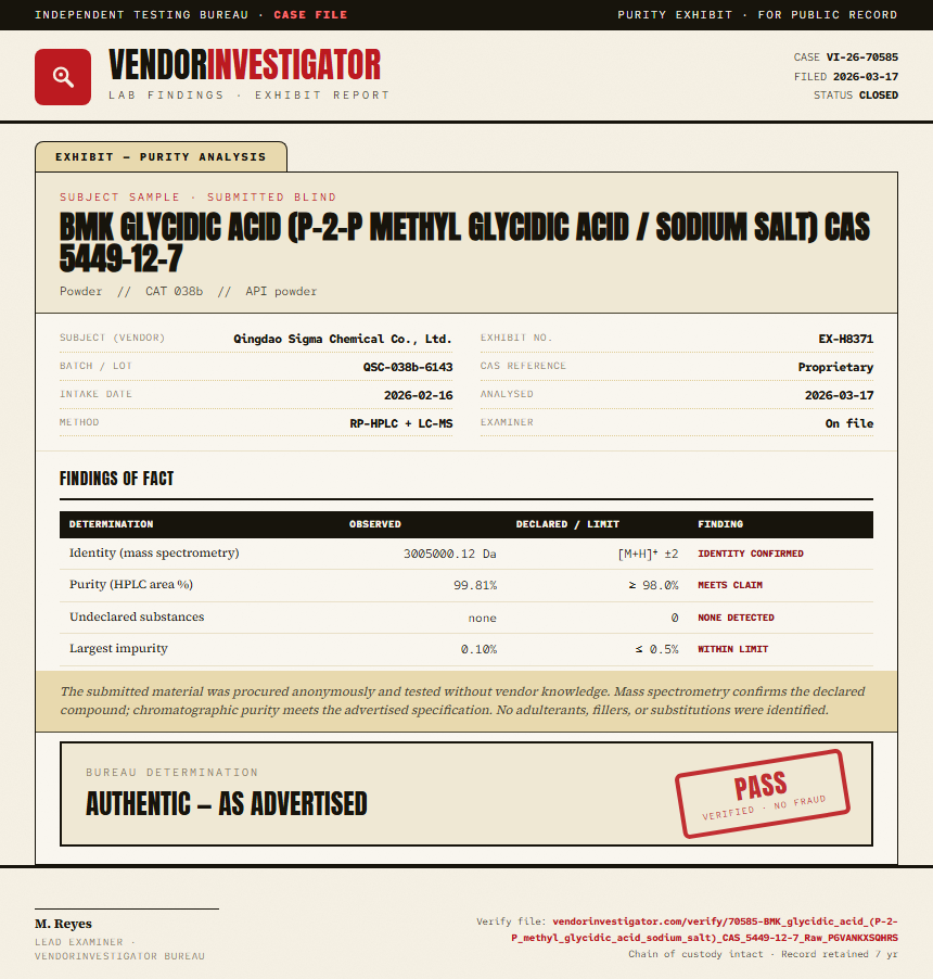 BMK glycidic acid (P-2-P methyl glycidic acid / sodium salt) CAS 5449-12-7 Purity (HPLC) report by VendorInvestigator
