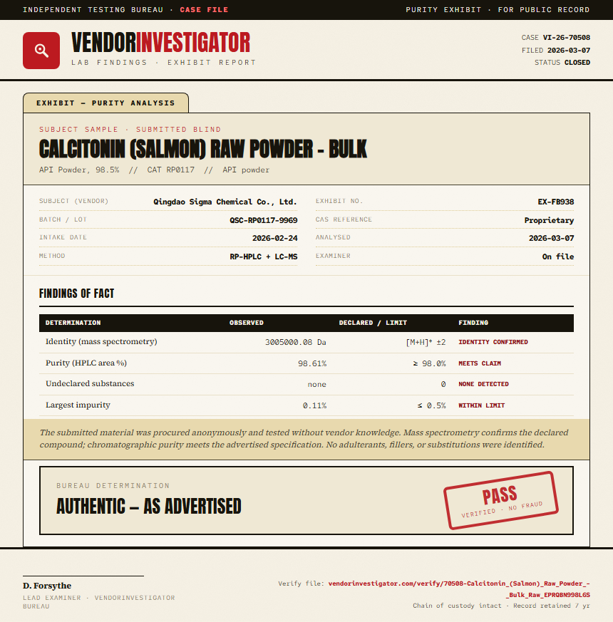 Calcitonin (Salmon) Raw Powder - Bulk Purity (HPLC) report by VendorInvestigator