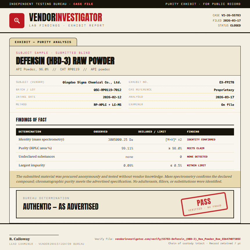 Defensin (HBD-3) Raw Powder Purity (HPLC) report by VendorInvestigator