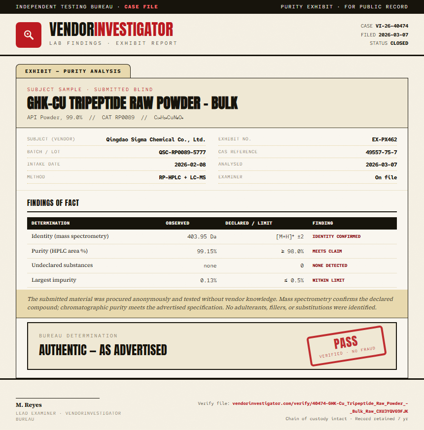 GHK-Cu Tripeptide Raw Powder - Bulk Purity (HPLC) report by VendorInvestigator