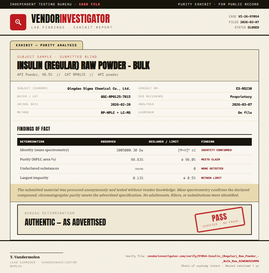 Insulin (Regular) Raw Powder - Bulk Purity (HPLC) report by VendorInvestigator