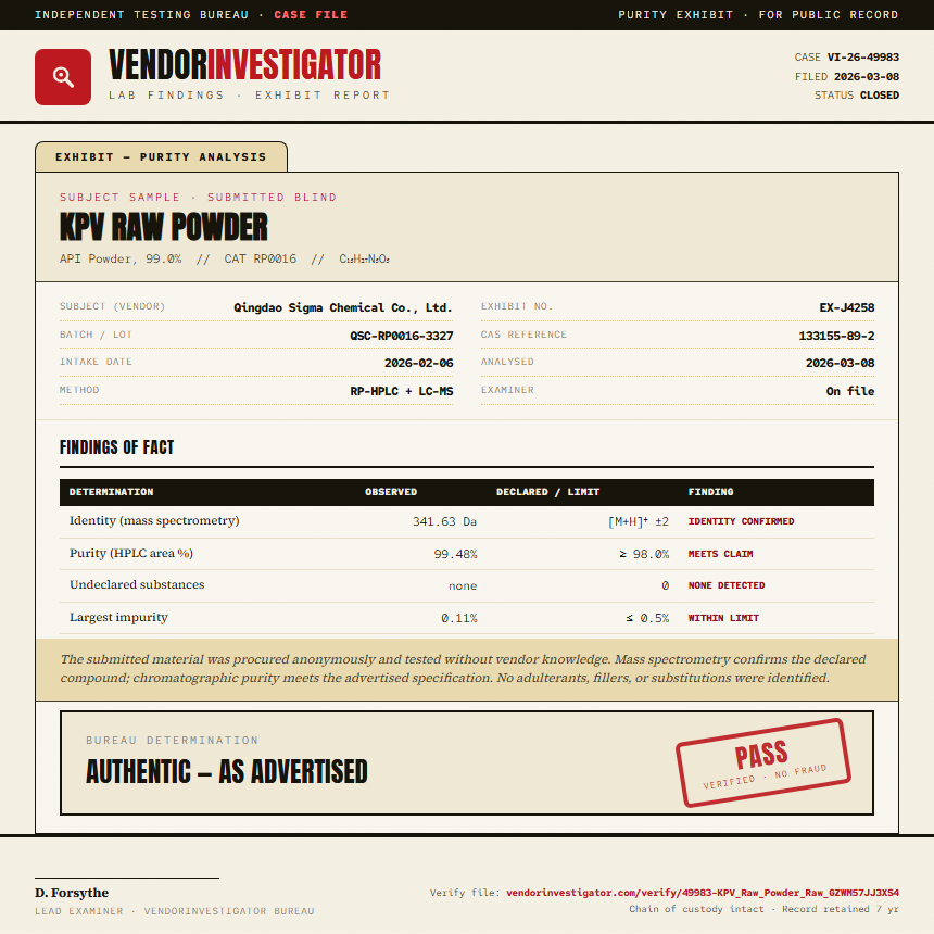 KPV Raw Powder Purity (HPLC) report by VendorInvestigator