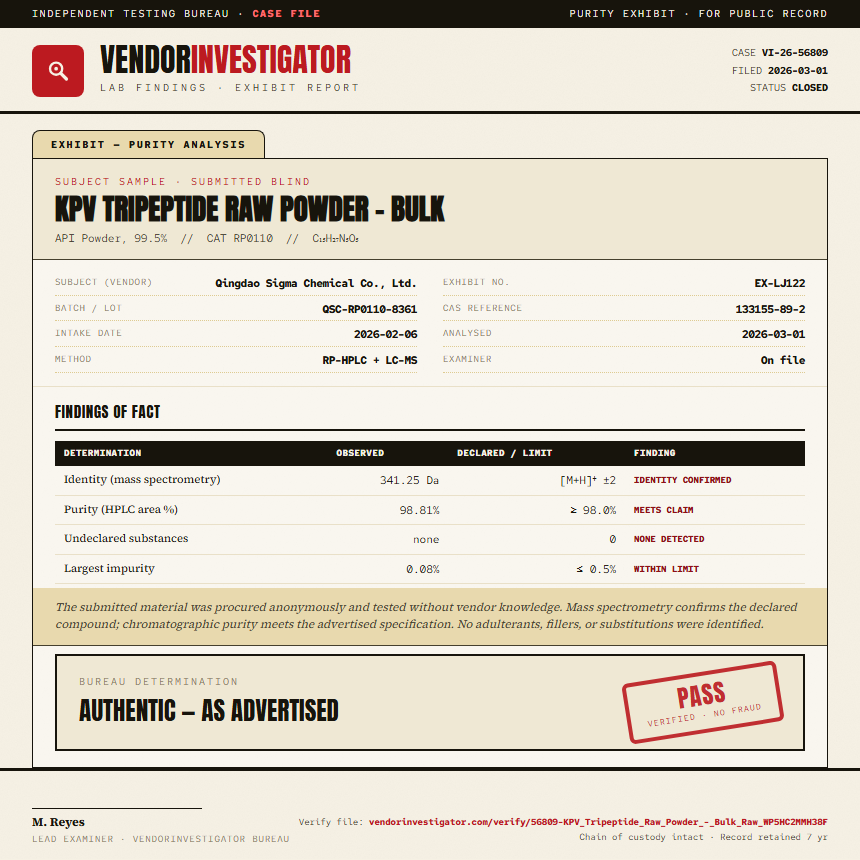 KPV Tripeptide Raw Powder - Bulk Purity (HPLC) report by VendorInvestigator