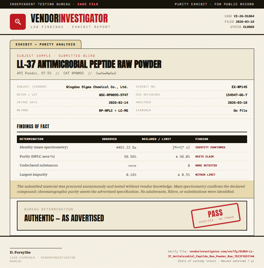 LL-37 Antimicrobial Peptide Raw Powder Purity (HPLC) report by VendorInvestigator