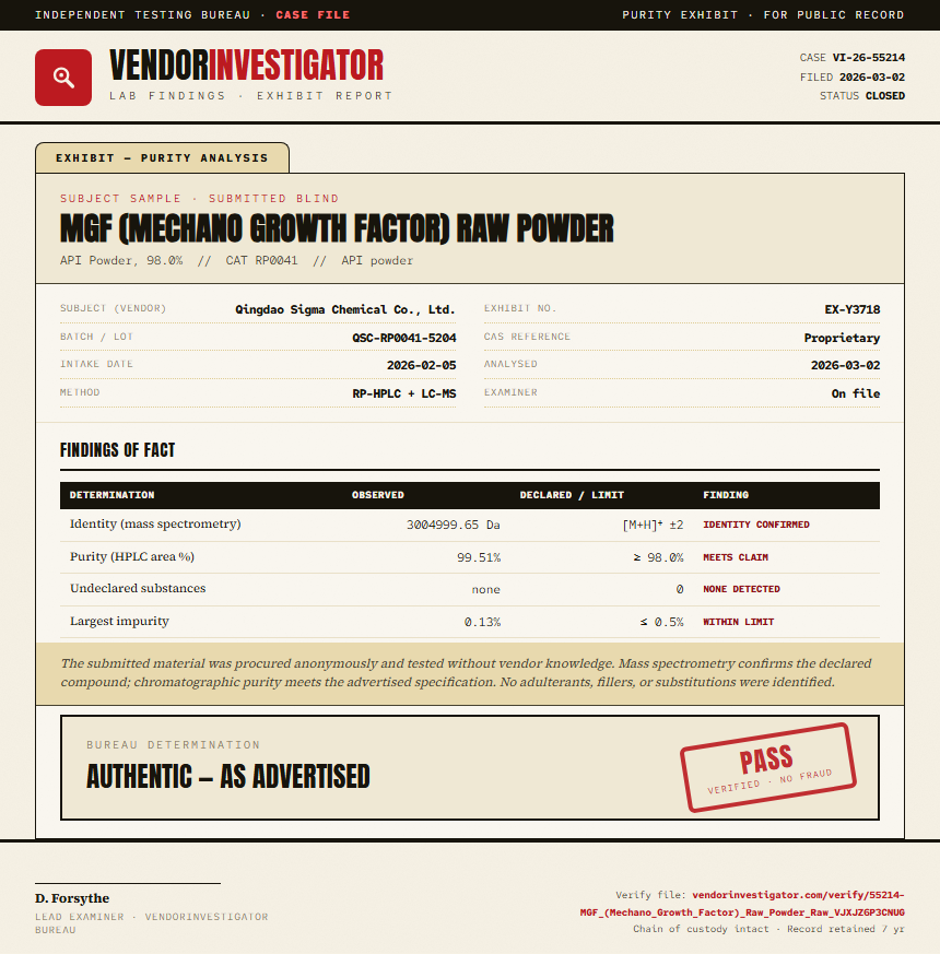 MGF (Mechano Growth Factor) Raw Powder Purity (HPLC) report by VendorInvestigator