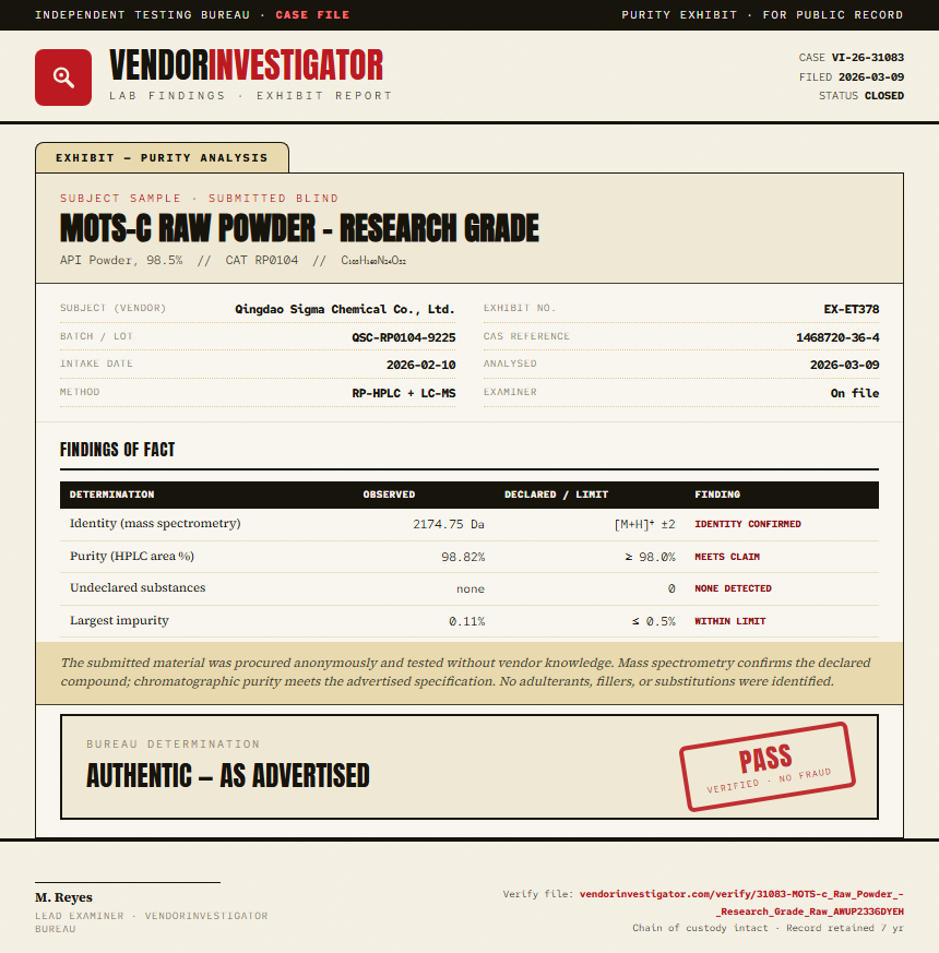 MOTS-c Raw Powder - Research Grade Purity (HPLC) report by VendorInvestigator