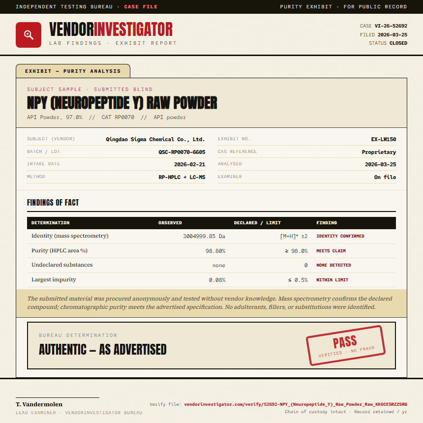 NPY (Neuropeptide Y) Raw Powder Purity (HPLC) report by VendorInvestigator
