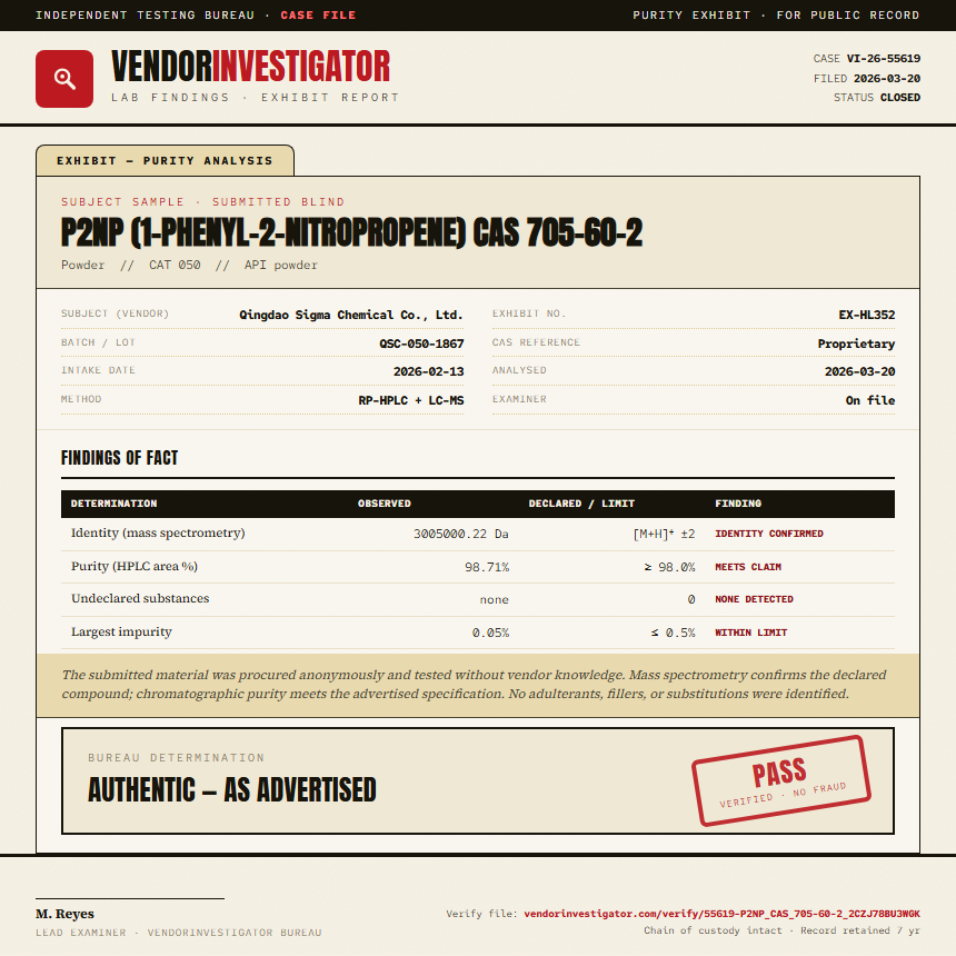 P2NP (1-phenyl-2-nitropropene) CAS 705-60-2 Purity (HPLC) report by VendorInvestigator