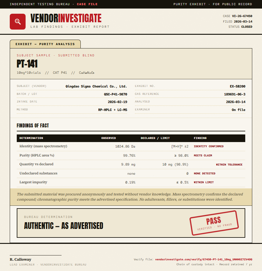 PT-141 Purity (HPLC) report by VendorInvestigate