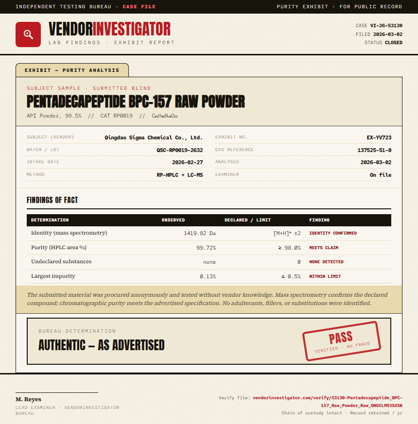 Pentadecapeptide BPC-157 Raw Powder Purity (HPLC) report by VendorInvestigator