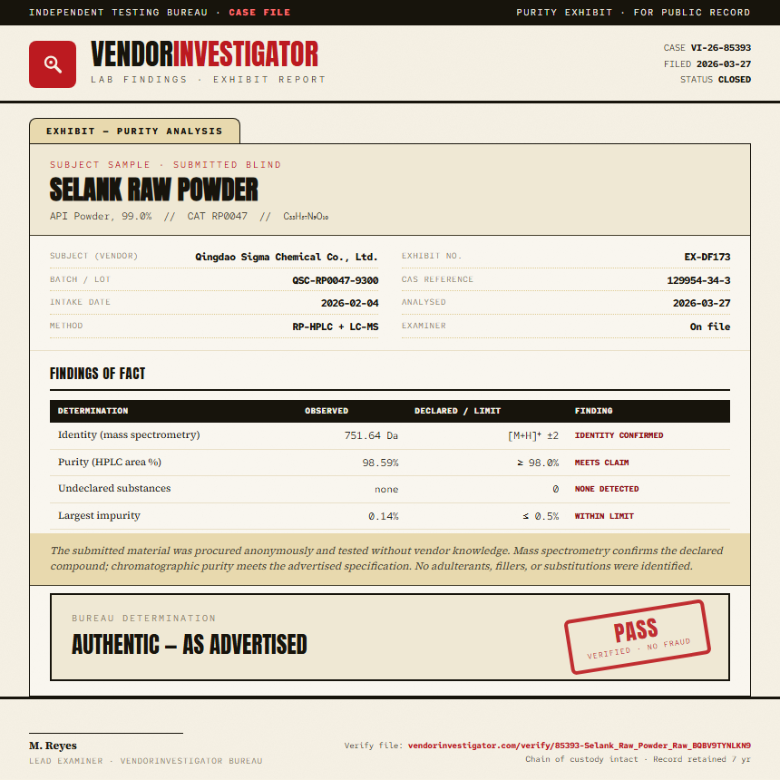 Selank Raw Powder Purity (HPLC) report by VendorInvestigator