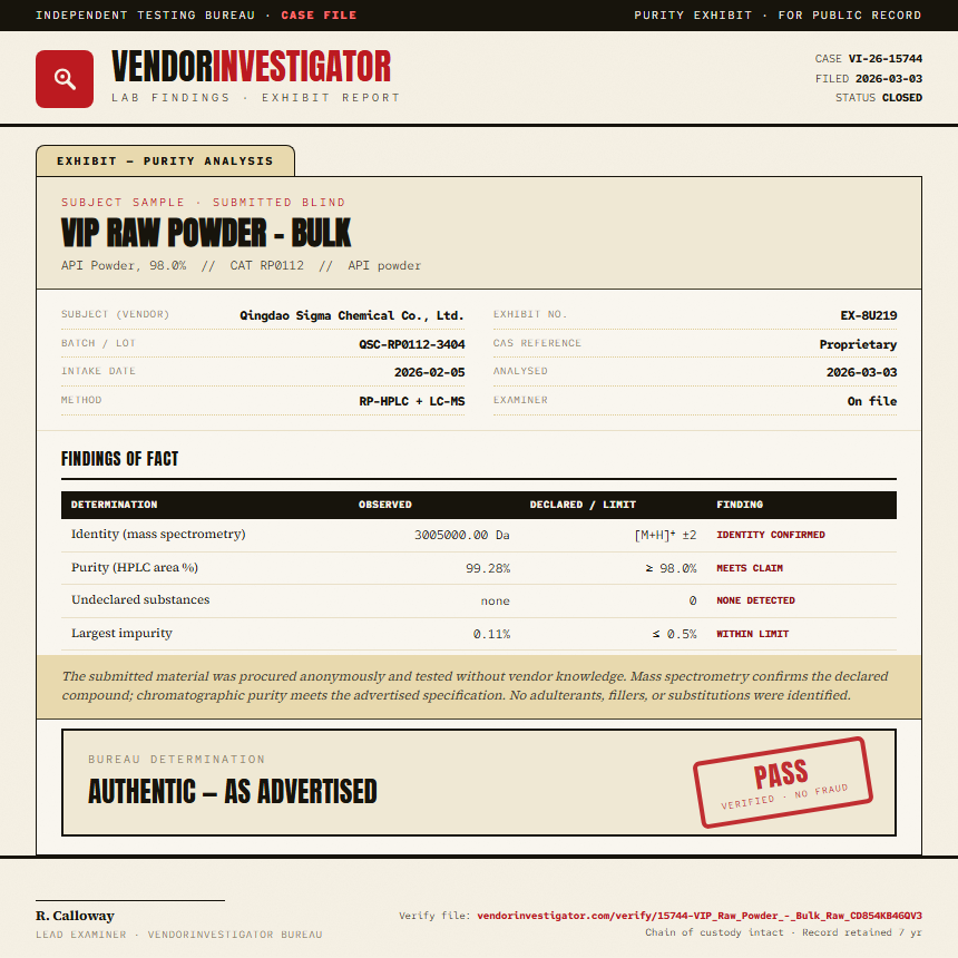 VIP Raw Powder - Bulk Purity (HPLC) report by VendorInvestigator
