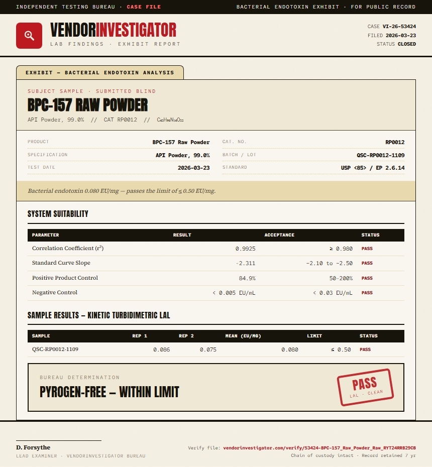 BPC-157 Raw Powder Endotoxin report by VendorInvestigator