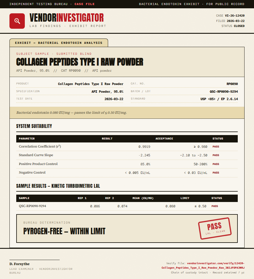 Collagen Peptides Type I Raw Powder Endotoxin report by VendorInvestigator
