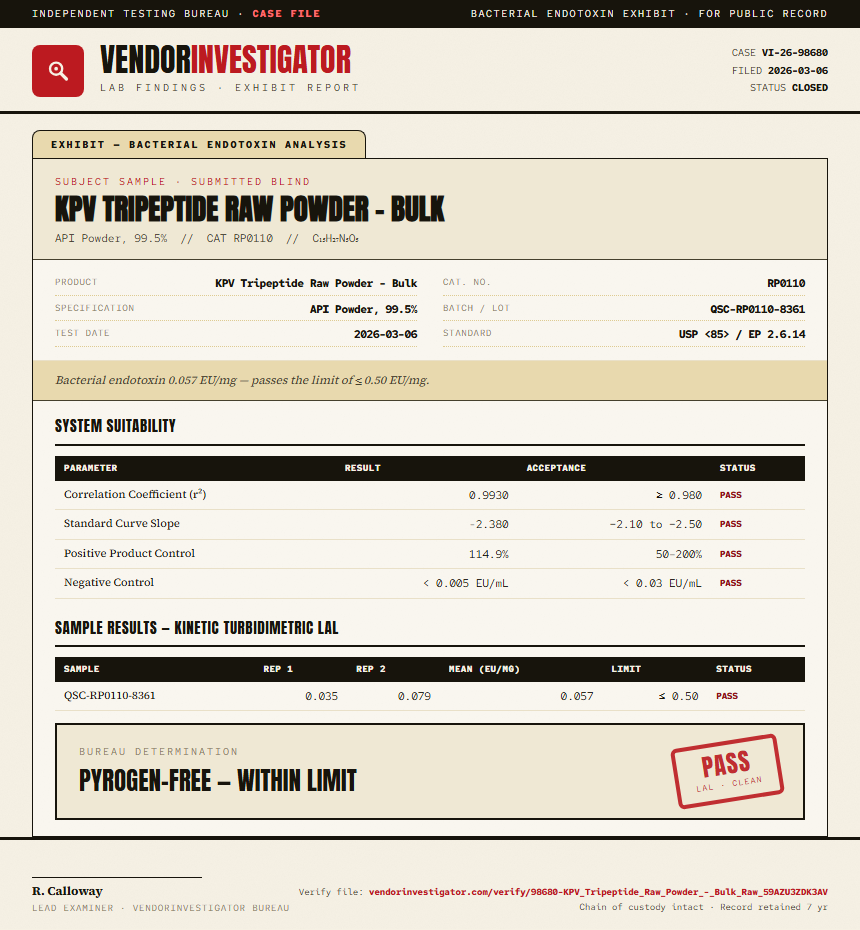 KPV Tripeptide Raw Powder - Bulk Endotoxin report by VendorInvestigator