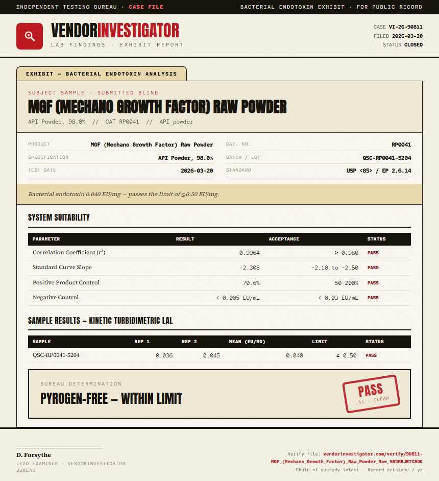 MGF (Mechano Growth Factor) Raw Powder Endotoxin report by VendorInvestigator