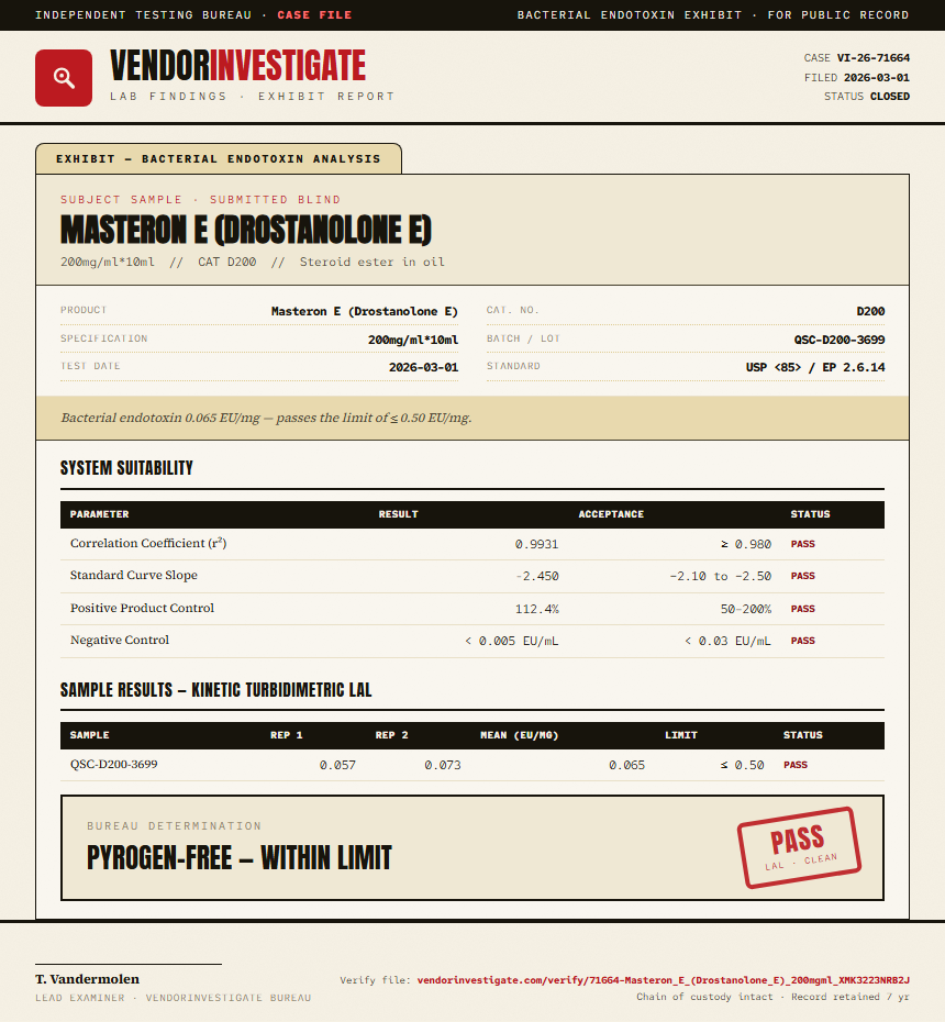 Masteron E (Drostanolone E) Endotoxin report by VendorInvestigate