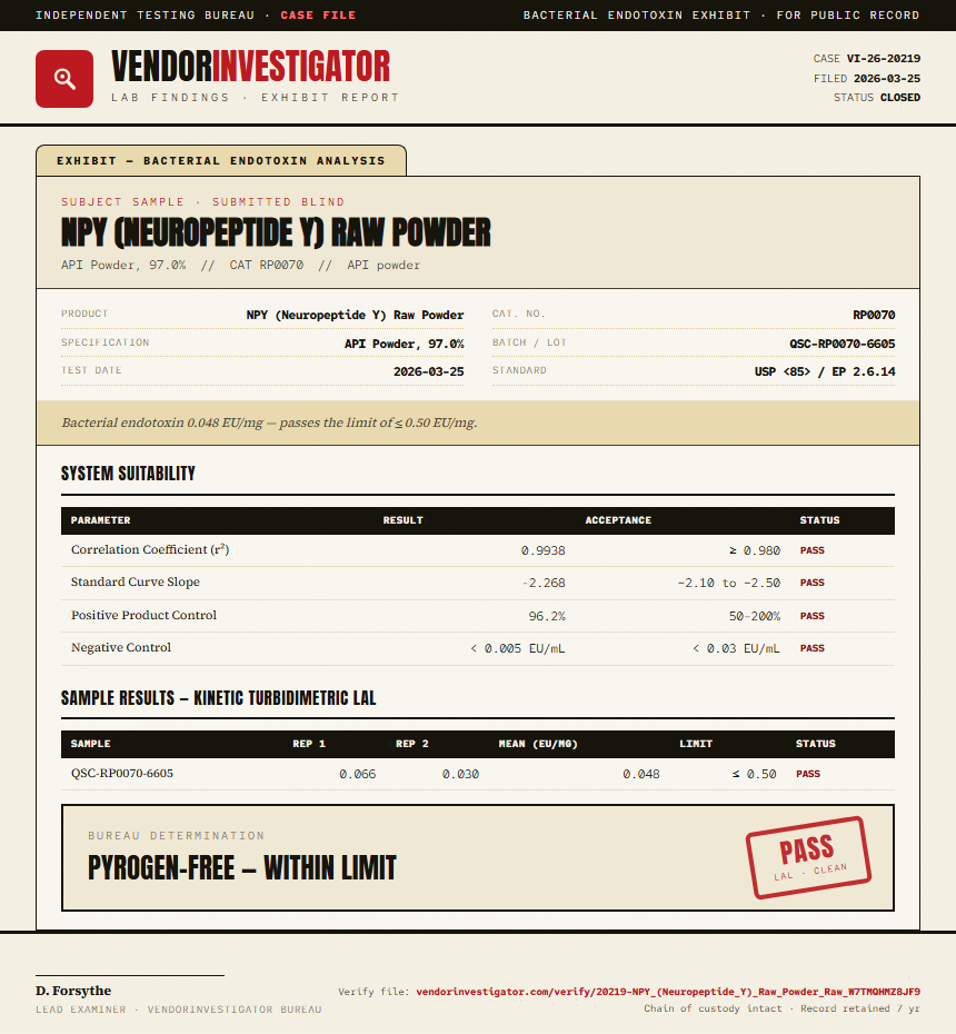 NPY (Neuropeptide Y) Raw Powder Endotoxin report by VendorInvestigator