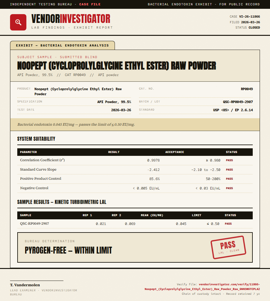Noopept (Cycloprolylglycine Ethyl Ester) Raw Powder Endotoxin report by VendorInvestigator
