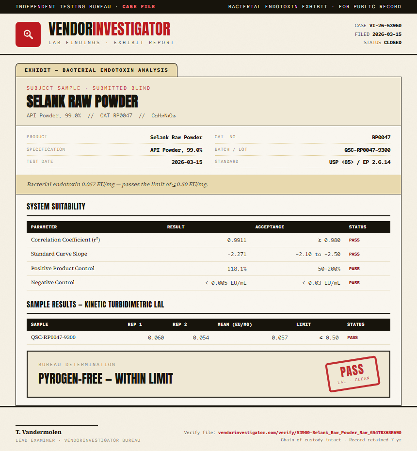 Selank Raw Powder Endotoxin report by VendorInvestigator