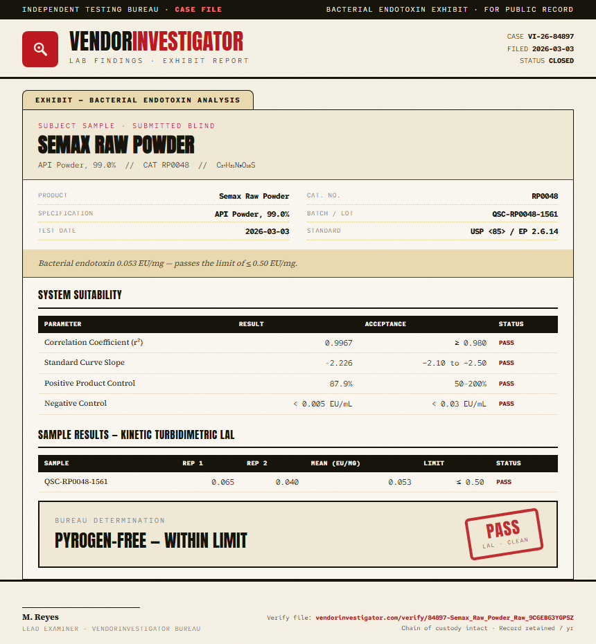 Semax Raw Powder Endotoxin report by VendorInvestigator