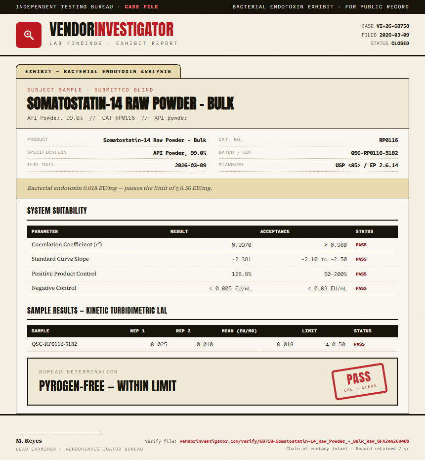 Somatostatin-14 Raw Powder - Bulk Endotoxin report by VendorInvestigator