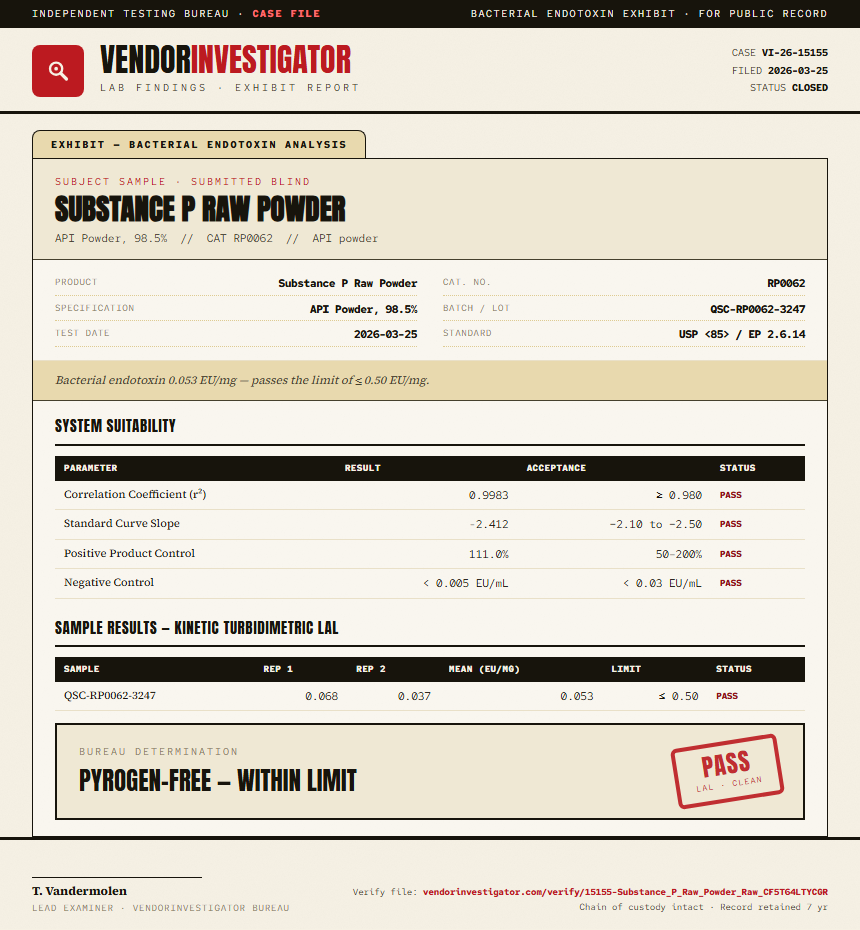 Substance P Raw Powder Endotoxin report by VendorInvestigator