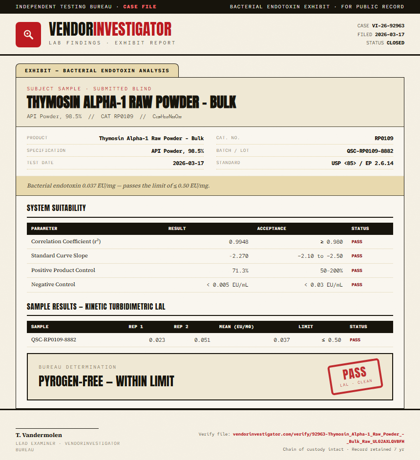 Thymosin Alpha-1 Raw Powder - Bulk Endotoxin report by VendorInvestigator