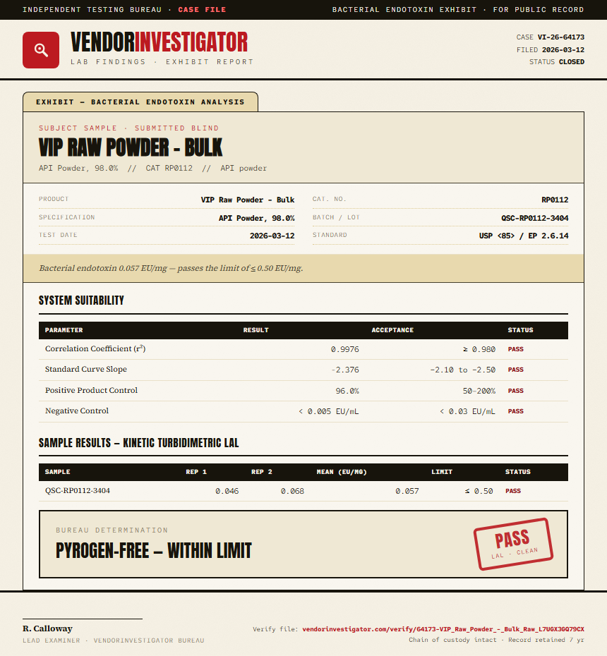 VIP Raw Powder - Bulk Endotoxin report by VendorInvestigator