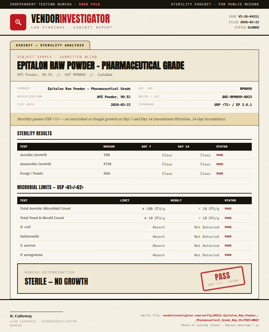 Epitalon Raw Powder - Pharmaceutical Grade Sterility report by VendorInvestigator
