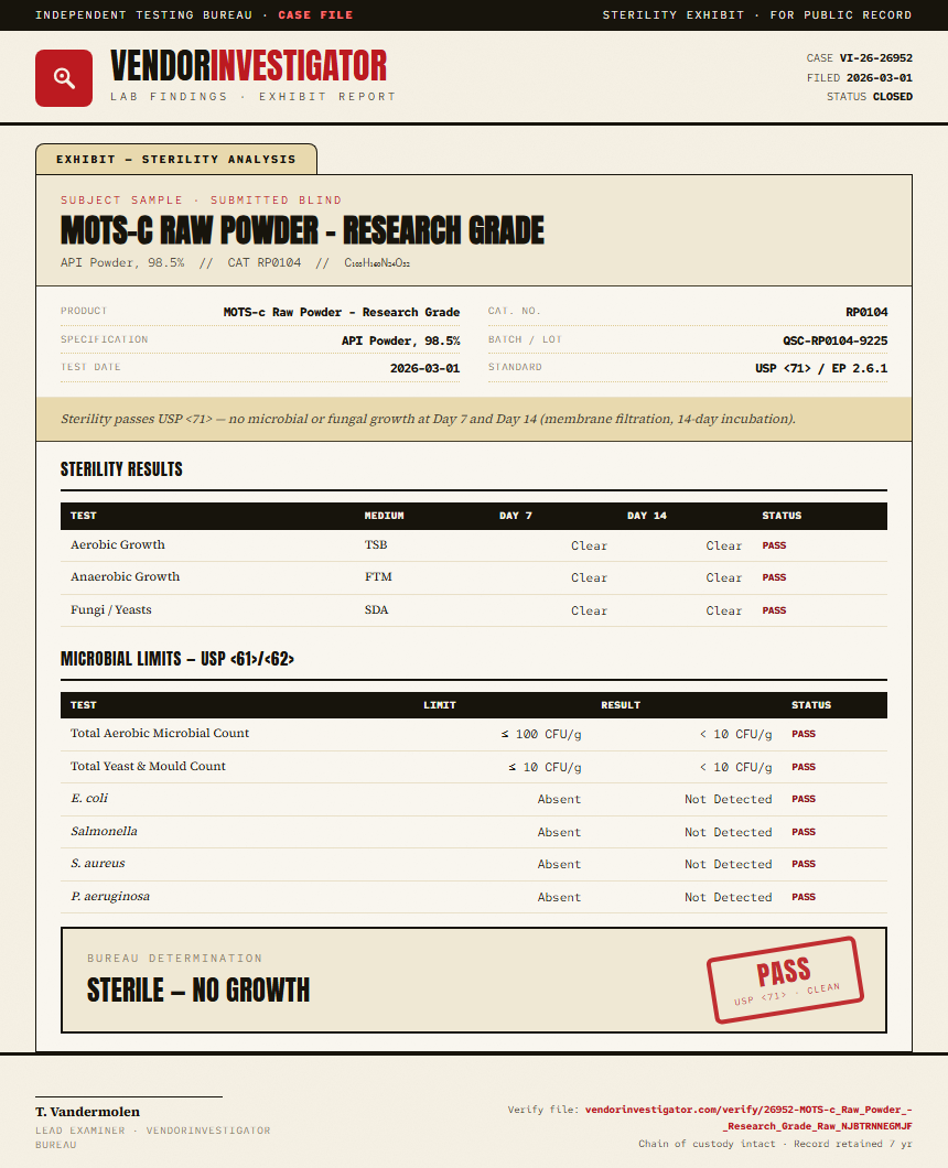 MOTS-c Raw Powder - Research Grade Sterility report by VendorInvestigator