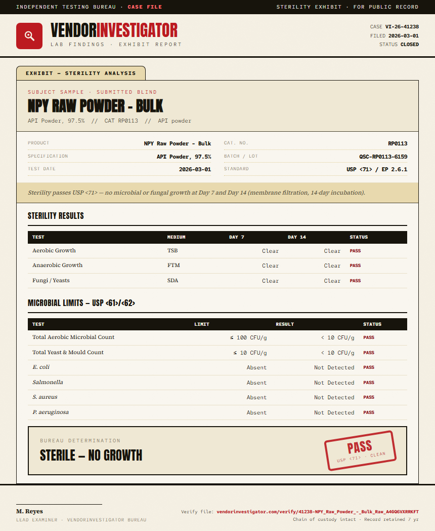NPY Raw Powder - Bulk Sterility report by VendorInvestigator