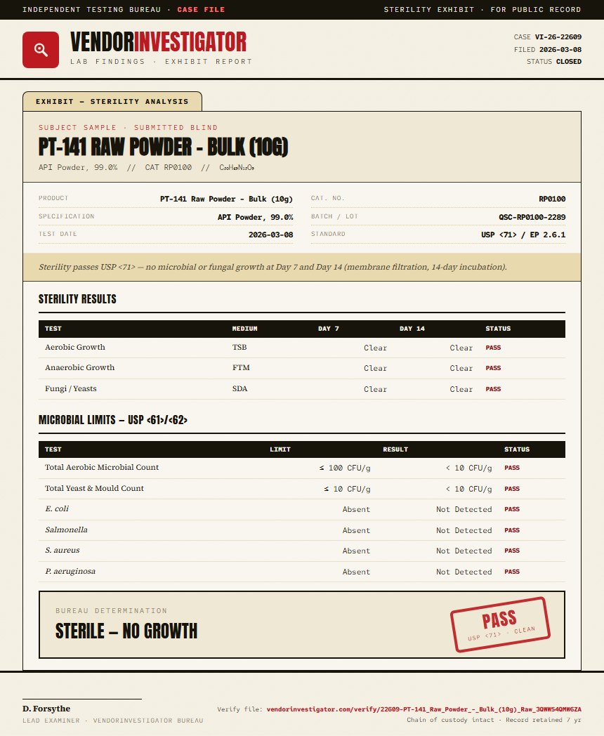 PT-141 Raw Powder - Bulk (10g) Sterility report by VendorInvestigator
